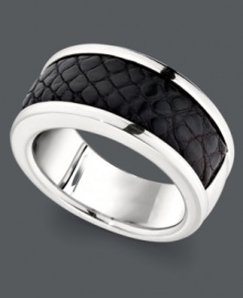 Make a bold statement in genuine, black alligator skin. Men's ring crafted in sterling silver. Sizes 8-12. Make a bold statement in genuine, black alligator skin. Men's ring crafted in sterling silver. Sizes 8-12.
