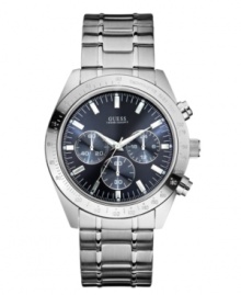 Keeps sports sophisticated with this handsome watch by GUESS.