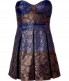 Stylish strapless dress in fine synthetic fiber blend - Elegant jacquard weave has a lovely sheen - On-trend blue and black colorblocking - Slim, sculpted bodice - Pleated A-line miniskirt hits mid-thigh - Zips at back - A chic must for parties, holidays and special events - Style with a cropped leather jacket, opaque tights and pumps or ankle booties