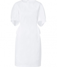 Minimalist and pure with its structured white cotton, Jil Sanders origami-like dress is the epitome of modern elegance - Round neckline, modern short sleeves, structured front pockets, hidden back zip - Modern tailored fit - Wear with sleek sandals and streamlined solid accessories