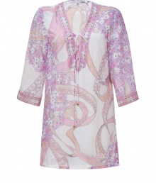 Blossom into warm weather chic in Emilio Puccis whimsical floral print cotton-silk tunic - Laced V-neckline, 3/4 sleeves, contrast print trim - Loosely fitted - Wear over swimwear with bright sandals and a straw tote, or layer over tissue tanks with slim trousers and heels Blossom into warm weather chic in Emilio Puccis whimsical floral print cotton-silk tunic - Laced V-neckline, 3/4 sleeves, contrast print trim - Loosely fitted - Wear over swimwear with bright sandals and a straw tote, or layer over tissue tanks with slim trousers and heels