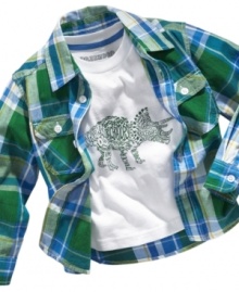He'll love mixing current style with a nod to history in this graphic tee and plaid shirt set from Greendog. He'll love mixing current style with a nod to history in this graphic tee and plaid shirt set from Greendog.