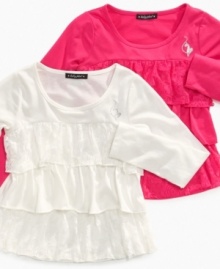 Fanciful and chic. Complement any pair of classic jeans with this alternate lace tiered top by Baby Phat. Fanciful and chic. Complement any pair of classic jeans with this alternate lace tiered top by Baby Phat.