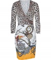 Detailed with a wild mix of creatures and leopard spots, Roberto Cavallis printed wrap dress is an ultra contemporary way to wear the brands iconic look - Wrapped V-neckline, 3/4 sleeves, hidden side zip - Form-fitting - Wear with solid colored accessories and statement chunky jewelry