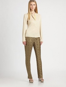 Featuring subtle metallic and cobra-print accents, these sleek jacquard pants also have ankle slits for an incomparable fit. Hook-and-eye closureZip flyFront and back seamsInseam, about 3352% linen/27% silk/21% viscoseDry cleanImported Model shown is 5'10 (177cm) wearing US size 4. 