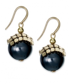 Unveil your dark side. Alfani's elegant earrings emit a spark with dark grey acrylic pearl drops and gilded accents. Crafted in 12k gold-plated mixed metal. Approximate drop: 1 inch.