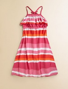 Designed in a classic halter silhouette, this whimsical frock is complimented by a large ruffled bodice and a sunset-inspired color palette.Halter necklineSleevelessPull-on styleElastic waist65% polyester/35% rayonMachine washImported