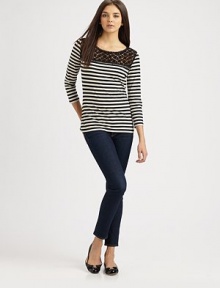 Semi-sheer floral macrame adorns the neckline of this classic, nautical design for a touch of feminine detailing. CrewneckMacrame yoke at the necklineThree-quarter length sleevesAbout 24 from shoulder to hem96% cotton/4% elastaneHand washImportedModel shown is 5'10 (177cm) wearing US size Small. Semi-sheer floral macrame adorns the neckline of this classic, nautical design for a touch of feminine detailing. CrewneckMacrame yoke at the necklineThree-quarter length sleevesAbout 24 from shoulder to hem96% cotton/4% elastaneHand washImportedModel shown is 5'10 (177cm) wearing US size Small.