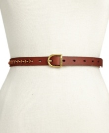 This slender, studded leather belt by Fossil is the perfect accent piece for your weekend look. This slender, studded leather belt by Fossil is the perfect accent piece for your weekend look.