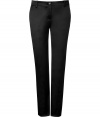 Stylish pants in fine black acetate and nylon stretch blend - Elegant, satin-like sheen - Modern silhouette: low-waisted, slim fit, cropped at the ankle - Chic crease detail at front, belt loops, double welt pockets at back - A versatile and polished pant that easily goes from day to night - Ideal for the office, cocktails and evening events - Pair with a silk blouse or paillette top and cropped leather jacket - Style with ankle booties or platform heels