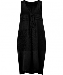 Stylish sleeveless dress in fine, black silk - Chic jacquard print - Flattering drape, fabric falls beautifully - On-trend, relaxed silhouette - Deep V neck with contrast piping and knot detail at chest - Decorative pleating at back - A great dress for vacation, relaxation and parties - Pair with ballet flats or sandals and style with bold metal jewelry Stylish sleeveless dress in fine, black silk - Chic jacquard print - Flattering drape, fabric falls beautifully - On-trend, relaxed silhouette - Deep V neck with contrast piping and knot detail at chest - Decorative pleating at back - A great dress for vacation, relaxation and parties - Pair with ballet flats or sandals and style with bold metal jewelry