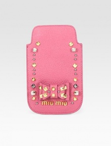Studs, rhinestones and a sweet bow adds interest to this leather iPhone® cover.Embellished leather3W X 5H X ¼DMade in ItalyPlease note: iPhone® not included. Studs, rhinestones and a sweet bow adds interest to this leather iPhone® cover.Embellished leather3W X 5H X ¼DMade in ItalyPlease note: iPhone® not included.