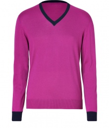 Both bright and contemporary with its deep magenta hue, Etros V-neck pullover is as chic as it is versatile - V-neckline, long sleeves, navy trim - Modern slim fit - Wear with tailored trousers and a sleek button-down Both bright and contemporary with its deep magenta hue, Etros V-neck pullover is as chic as it is versatile - V-neckline, long sleeves, navy trim - Modern slim fit - Wear with tailored trousers and a sleek button-down