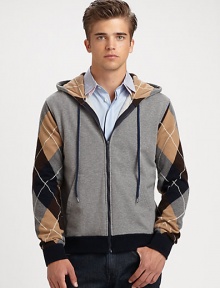 A weekend wardrobe essential receives the dapper style treatment, shaped in a superior blend of cotton and wool with a hint of stretch, as a classic argyle print pattern lines the hood and accents the sleeves.Zip frontAttached drawstring hoodSide slash pocketsRibbed knit cuffs and hem75% cotton/19% wool/6% elastaneDry cleanMade in Italy