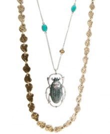 A prosperous perspective. Good fortune is all yours with this symbolic scarab necklace from Lucky Brand. Featuring a double-row silhouette, it's adorned with semiprecious stones as well as acrylic and epoxy accents. Crafted in a combination of gold tone and silver tone mixed metal with a steel chain. Approximate length: 22 inches + 2-inch extender. A prosperous perspective. Good fortune is all yours with this symbolic scarab necklace from Lucky Brand. Featuring a double-row silhouette, it's adorned with semiprecious stones as well as acrylic and epoxy accents. Crafted in a combination of gold tone and silver tone mixed metal with a steel chain. Approximate length: 22 inches + 2-inch extender.