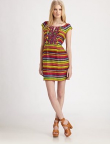 Candy-colored striping pops on this shapely silk/cotton frock finished with a chic beaded bodice.BoatneckCap sleevesV cutout at bodiceBeaded an pleated front yokeSet-in waistPleated skirtCenter back zipperAbout 19 from natural waist52% silk/48% linenDry cleanImportedModel shown is 5'10 (177cm) wearing US size 4.