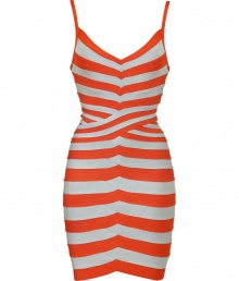 Ultra-flattering stripes and a sweetheart neckline add trend-right appeal to this figure-hugging bandage dress from Herv? L?ger - Sweetheart neckline, thin spaghetti straps, crisscross bandage panels in a contrasting stripe pattern, open back, concealed back zip closure with solid seam detail, fitted silhouette, mini length - Style with metallic platform heels and a statement clutch for cocktail-ready chic