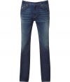 Dark blue straight leg jeans - by American cult label J Brand - slim and straight fit, very comfortable due to a small stretch content - faded used optic with light parts at the thighs and rear - can be paired with everything casual, sporty and easy going - typical pants for every day, (not at the office!) which will last a lot of seasons - pairs with shirts, sweaters, blazers, parkas, Chelsea boots, loafers, half shoes