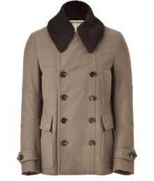 Classically refined style is effortlessly achieved with Belstaffs urbane update on the tried-and-true pea coat - Large spread collar, double-breasted silhouette, front button placket, flap pockets, seaming detail on sleeves, belted cuffs, adjustable back belt - Style with jeans, a tee, and lace-up suede boots
