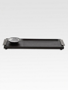 Inspired by time-honored techniques of ancient craftsmanship, this acacia wood board is crafted with molten metal accents and an elegant bowl for dipping.From the Molten CollectionMango wood, stainless steel, nickelplate17.25W X 6LHand washImported Inspired by time-honored techniques of ancient craftsmanship, this acacia wood board is crafted with molten metal accents and an elegant bowl for dipping.From the Molten CollectionMango wood, stainless steel, nickelplate17.25W X 6LHand washImported