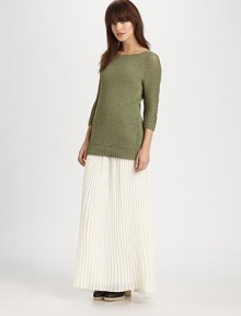 Ultra-soft, breathable crocheted fabric is a casual-chic wardrobe must-have. BoatneckWide, semi-sheer crochet knit along neckline and sleevesLong dolman sleevesRibbed hem and cuffs80% cotton/20% linenDry cleanImportedModel shown is 5'10 (177cm) wearing US size Small.