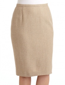 THE LOOKAllover woven herringbone constructionBanded waistBack zip closureVented back hemTHE FITAbout 33 from waist to hemTHE MATERIALWool/camel/spandexFully linedCARE & ORIGINDry cleanImported