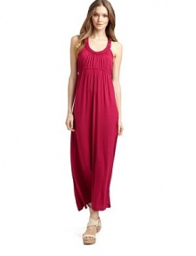 THE LOOKPullover styleRound braided necklineSleevelessGathered detailsEmpire waistRacerbackTHE FITAbout 56 from shoulder to hemTHE MATERIAL95% viscose/5% spandexCARE & ORIGINHand washImportedModel shown is 5'10 (177cm) wearing US size Small. THE LOOKPullover styleRound braided necklineSleevelessGathered detailsEmpire waistRacerbackTHE FITAbout 56 from shoulder to hemTHE MATERIAL95% viscose/5% spandexCARE & ORIGINHand washImportedModel shown is 5'10 (177cm) wearing US size Small.