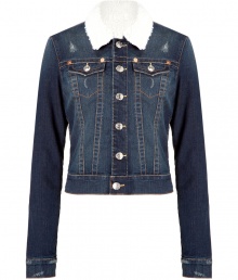 Stylish blue denim jacket - This fleece-lined distressed jean jacket is a must-have closet staple - Cool vintage style and slim, modern cut - Pair with skinny jeans, a pullover, and over-the-knee boots for daytime chic - Try with a color block mini-dress and wedges