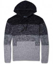 In the cold weather, rock this fade to light horizontal chunk stripe hooded sweater by Retrofit.