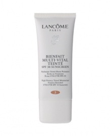 Introducing Lancôme's first SPF 30 Tinted Moisturizer with anti-oxidant protection plus natural, even coverage for a visibly flawless result.VITAMIN ENRICHED HYDRATION: 24 hour nourishing moisture for ideal hydration without a greasy feel.COMPREHENSIVE PROTECTION: Broad spectrum UVA/UVB SPF 30 sunscreen plus anti-oxidant protection.NATURAL PERFECTION: The lightweight tinted formula gives moderate, natural coverage for a healthy hint of color. Blends easily to even out skin tone.RESULT: Comprehensive protection, vitamin enriched hydration, plus an even, flawless looking skin tone. Introducing Lancôme's first SPF 30 Tinted Moisturizer with anti-oxidant protection plus natural, even coverage for a visibly flawless result.VITAMIN ENRICHED HYDRATION: 24 hour nourishing moisture for ideal hydration without a greasy feel.COMPREHENSIVE PROTECTION: Broad spectrum UVA/UVB SPF 30 sunscreen plus anti-oxidant protection.NATURAL PERFECTION: The lightweight tinted formula gives moderate, natural coverage for a healthy hint of color. Blends easily to even out skin tone.RESULT: Comprehensive protection, vitamin enriched hydration, plus an even, flawless looking skin tone.