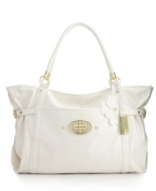 A refined design with a free-sprited flair. This posh tote style from Marc Fisher features shiny goldtone hardware, a signature charm and a fun flower detail that dangles from handle base. A refined design with a free-sprited flair. This posh tote style from Marc Fisher features shiny goldtone hardware, a signature charm and a fun flower detail that dangles from handle base.