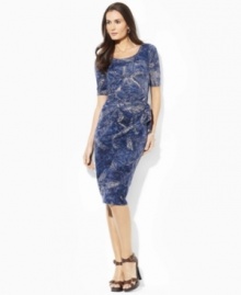 A bold Batik print adds a modern element to this chic jersey dress from Lauren by Ralph Lauren, finished in an elegant draped silhouette. A bold Batik print adds a modern element to this chic jersey dress from Lauren by Ralph Lauren, finished in an elegant draped silhouette.