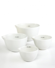 Simplify your prep. Stunning white porcelain creates clean lines in the kitchen and makes measuring and pouring mess free. Each durable bowl reveals an interior capacity marking and easy-pour spout that keeps ingredients, batter and liquids in the bowl and not on the counter. Simplify your prep. Stunning white porcelain creates clean lines in the kitchen and makes measuring and pouring mess free. Each durable bowl reveals an interior capacity marking and easy-pour spout that keeps ingredients, batter and liquids in the bowl and not on the counter.