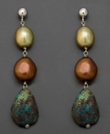 Exotic beauty. These drop earrings feature turquoise and off-shape baroque cultured freshwater pearl backed in sterling silver. Approximate drop: 1-1/2 inches. Exotic beauty. These drop earrings feature turquoise and off-shape baroque cultured freshwater pearl backed in sterling silver. Approximate drop: 1-1/2 inches.