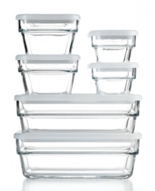 Save, store and get more out of your food. Each compact glass container comes with a convenient white lid and moves from refrigerator or freezer to microwave and dishwasher with ease. Limited lifetime warranty. Save, store and get more out of your food. Each compact glass container comes with a convenient white lid and moves from refrigerator or freezer to microwave and dishwasher with ease. Limited lifetime warranty.