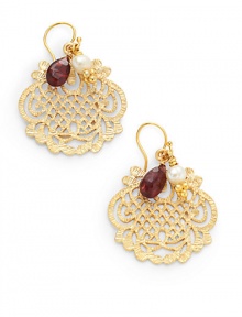 THE LOOKTourmaline detailsFiligree and small white round pearl accents18k yellow goldplated brassEar wireTHE MEASUREMENTLength, about 1.5ORIGINMade in USA