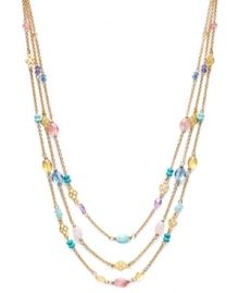 A multitude of hues makes for instant style pick-me-up! Lauren by Ralph Lauren's colorful three row necklace features reconstituted semi-precious turquoise and glass beads strung from delicate chains. Set in gold tone mixed metal with a lobster claw clasp. Approximate lengths: 18, 19 and 20 inches + 2-inch extender. A multitude of hues makes for instant style pick-me-up! Lauren by Ralph Lauren's colorful three row necklace features reconstituted semi-precious turquoise and glass beads strung from delicate chains. Set in gold tone mixed metal with a lobster claw clasp. Approximate lengths: 18, 19 and 20 inches + 2-inch extender.