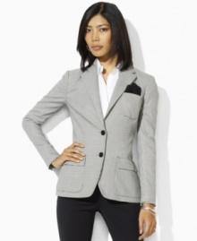 Smooth tropical stretch wool creates season-spanning style in Lauren by Ralph Lauren's Kamryn jacket, elegantly tailored in a classic, sophisticated silhouette with signature details. Smooth tropical stretch wool creates season-spanning style in Lauren by Ralph Lauren's Kamryn jacket, elegantly tailored in a classic, sophisticated silhouette with signature details.