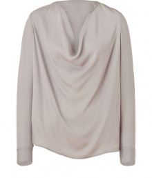 Elevate your workweek style with this sophisticated cowl neck silk top from Vince - Round neck with deep cowl, long sleeves, relaxed silhouette, asymmetric curved hem - Wear with sleek trousers, a blazer, and platform pumps