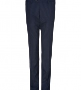 Sharpen up your tailored business look in Etros chic pinstriped wool pants - Flat front, belt loops, off-seam pockets, back welt pockets with buttons, creasing at legs - Modern slim fit - Style with a matching blazer, a printed button-down, and leather oxfords