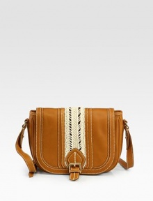 Rich calfskin in a trim, tailored crossbody design with contrast topstiching and macramé trim.Adjustable shoulder strap, 18¼-21½ dropMagnetic snap flap closeOne inside zip pocketCotton lining9¾W X 7H X 2DMade in Italy Rich calfskin in a trim, tailored crossbody design with contrast topstiching and macramé trim.Adjustable shoulder strap, 18¼-21½ dropMagnetic snap flap closeOne inside zip pocketCotton lining9¾W X 7H X 2DMade in Italy