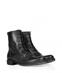 Add instant of-the-moment style to your dressed up or casual looks with these luxe lace-up leather boots from celeb favorite shoe line Fiorentini & Baker - Slightly upturned rounded cap toe, chunky leather heel, lace-up front - Runs large, so order a size down - Style with jeans, slim trousers, or corduroys