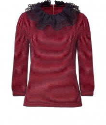 From party-perfect to workweek chic, this cashmere sweater with a removable ruffled collar from Marc by Marc Jacobs is a stylish fix for any fashion rut - Detachable ruffled lace collar, three-quarter sleeves, slim fit, exposed back zip closure, all-over stripe print - Wear with a frilly mini skirt, cropped trousers, or skinny jeans