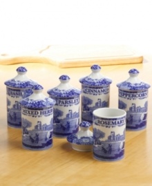 A charming rendition of the Italian countryside, the Blue Italian pattern is a beloved classic in tableware. This beautiful set of spice jars features the famous blue and white design framed by an Imari border, inspired by Chinese porcelain. A charming rendition of the Italian countryside, the Blue Italian pattern is a beloved classic in tableware. This beautiful set of spice jars features the famous blue and white design framed by an Imari border, inspired by Chinese porcelain.
