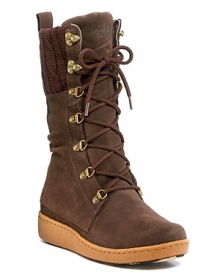 Function and fashion are combined in this stylish suede cold weather boots with a knit cuff. Function and fashion are combined in this stylish suede cold weather boots with a knit cuff.