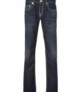 Elevate your go-to closet staples with these stylishly distressed jeans from True Religion - Classic five-pocket styling, logo detailed back pockets, whiskering, dark distressed denim with contrast stitching - Wear with a printed tee, a leather jacket, and trainers