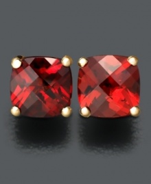 Cushion-cut to maximize the deep red color, these garnet studs stun (2-1/4 ct. t.w.). Earrings set in 14k gold. Cushion-cut to maximize the deep red color, these garnet studs stun (2-1/4 ct. t.w.). Earrings set in 14k gold.