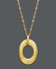 Feel like a goddess in this Greek-inspired design. Crafted in 14k gold, pendant features a cut-out, oval-shaped drop accented with an engraved key detail. Approximate length: 18 inches. Approximate drop: 1 inch. Feel like a goddess in this Greek-inspired design. Crafted in 14k gold, pendant features a cut-out, oval-shaped drop accented with an engraved key detail. Approximate length: 18 inches. Approximate drop: 1 inch.