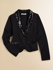 A classic blazer gets a fun twist with stylish sequin details. Sequin lapelFront button closureLong sleevesSequin mock pocketsCotton/polyester/spandexMachine washImported A classic blazer gets a fun twist with stylish sequin details. Sequin lapelFront button closureLong sleevesSequin mock pocketsCotton/polyester/spandexMachine washImported