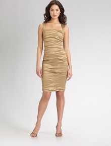 Glamorous and glistening, in a lustrous metallic stretch fabric from Italy with a shirred body-hugging shape and a sexy cutout back. Wide tapered straps Square neckline Soft horizontal shirring through the body Cutout keyhole back with single button close Hidden side zip closure About 23 from natural waist Fully lined Polyester/metal/nylon/elastane Hand wash Made in USAOUR FIT MODEL RECOMMENDS ordering true size.. 